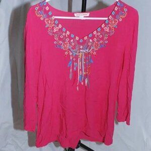 BOHO Western Cowgirl EUC Grand & Green Pink Shirt Large Womens Roll Tab Sleeve